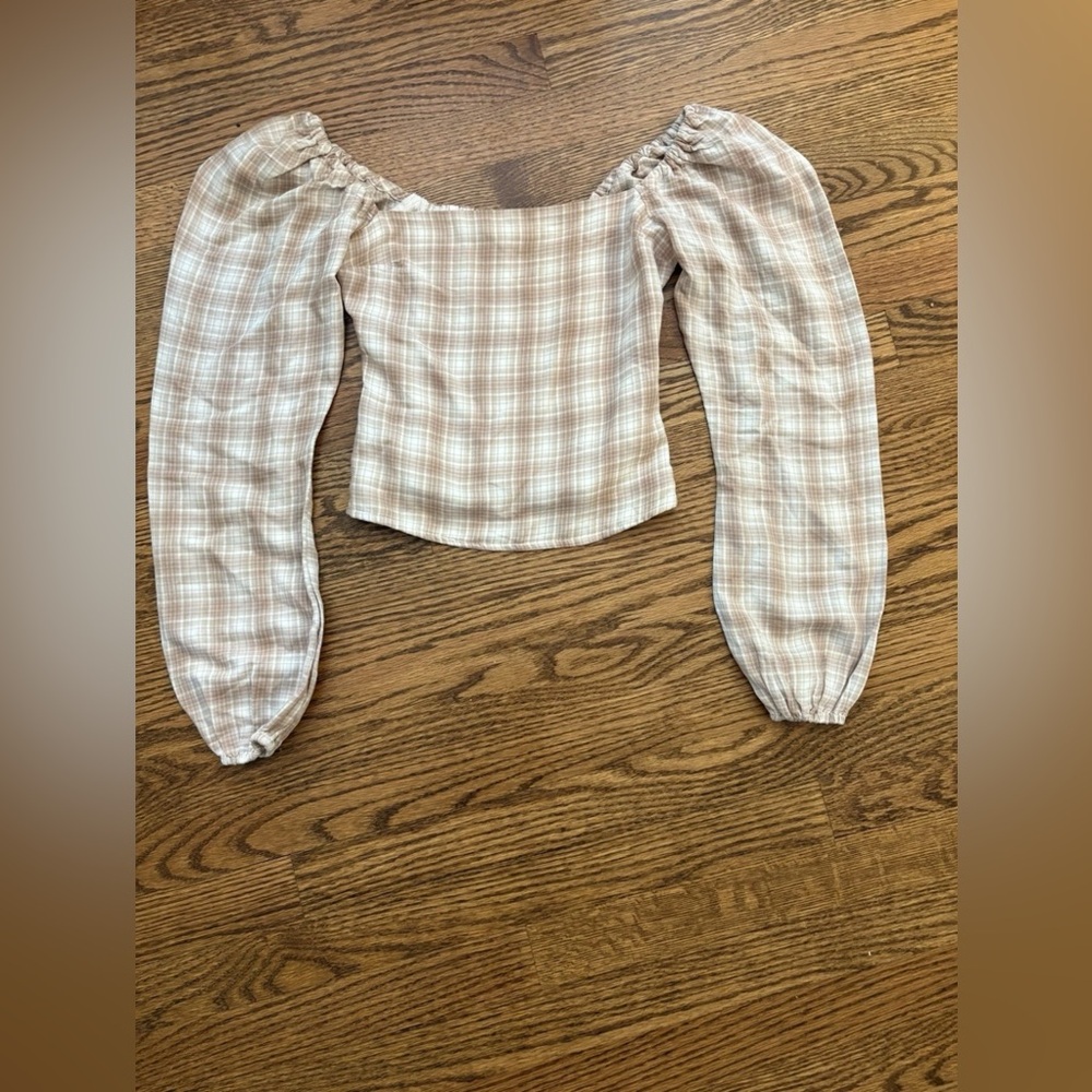 NWOTAbercrombie & Fitch XXS Coquette Cottage Core Balloon Sleeve Beige Plaid Top